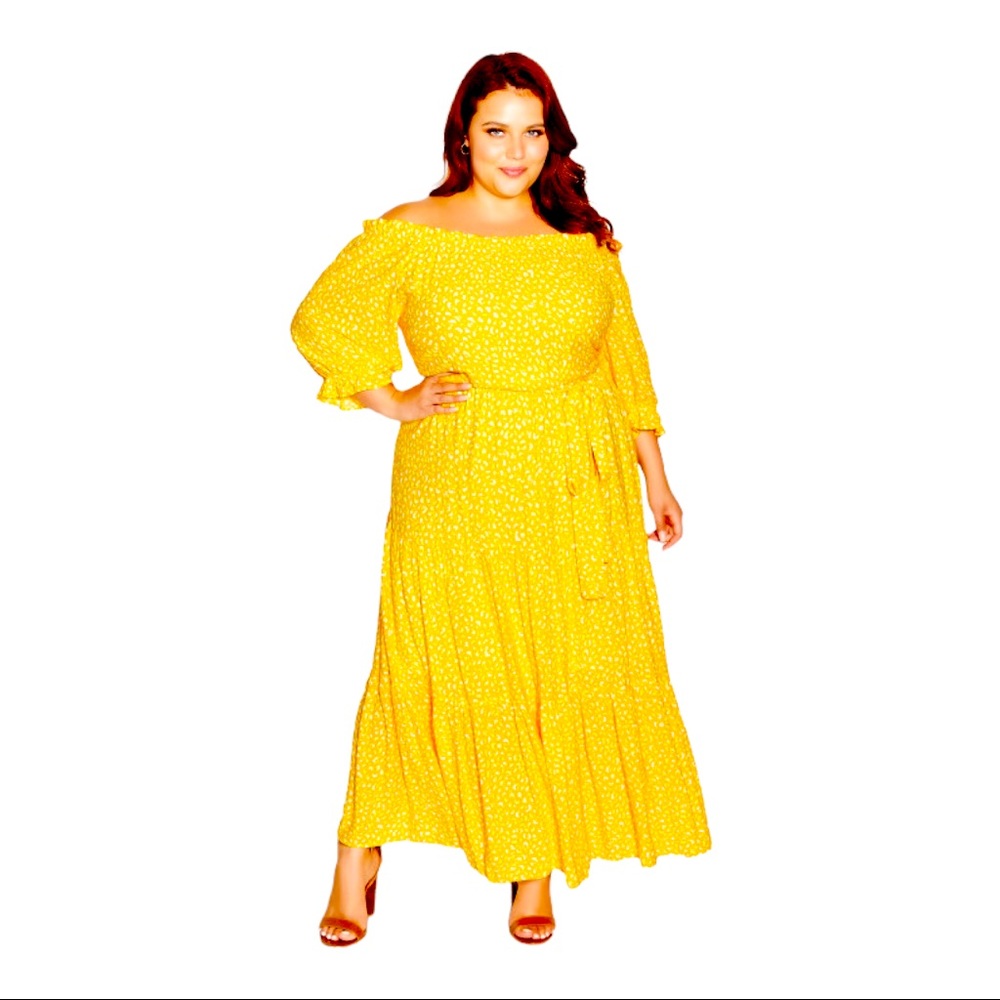City Chic Emily Convertible Shoulder Tiered Maxi Dress, Sunshine, XL (22W) NWOT